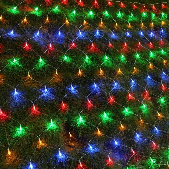 Instalatie Craciun, Tip Plasa, 8 m x 2 m, 640 LED-uri, Multicolor, 8 jocuri de lumini, Transformator cu telecomanda, Interconectabila, Prelungitor 5 m inclus, Fir transparent, 