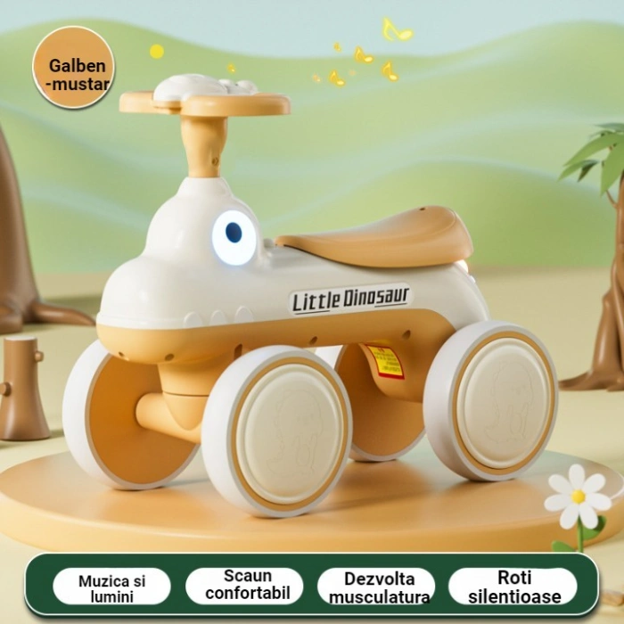 Bicicleta Pentru Copii, , Fara Pedale, Cu Patru Roti, Din Plastic Rezistent, Fara BPA, Cu Muzica Si Lumini, Model Dinozaur, 50x27x40 Cm, Galben-Mustar