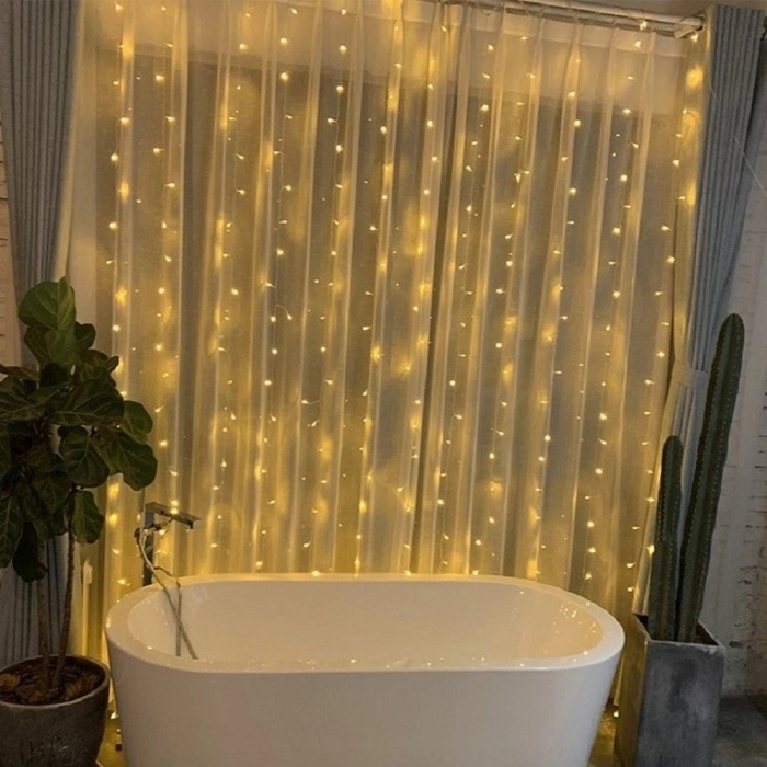 Instalatie Craciun, Tip Perdea, IP44, 3 m x 1 m, 180 LED-uri, Alb cald, 8 jocuri de lumini, Transformator cu telecomanda, Interconectabila, Prelungitor 3 m inclus, Fir transparent, Interior/ Exterior, 