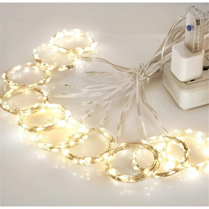 Instalatie Craciun, Tip Perdea IP44, 3m x 3m, 300 Led-uri, Alb cald, USB si telecomanda cu 8 functii, 