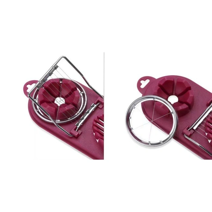 Feliator multifunctional  pentru oua, mozzarela, fructe, 2 forme de feliere, agatatoare, 20 cm, Visiniu