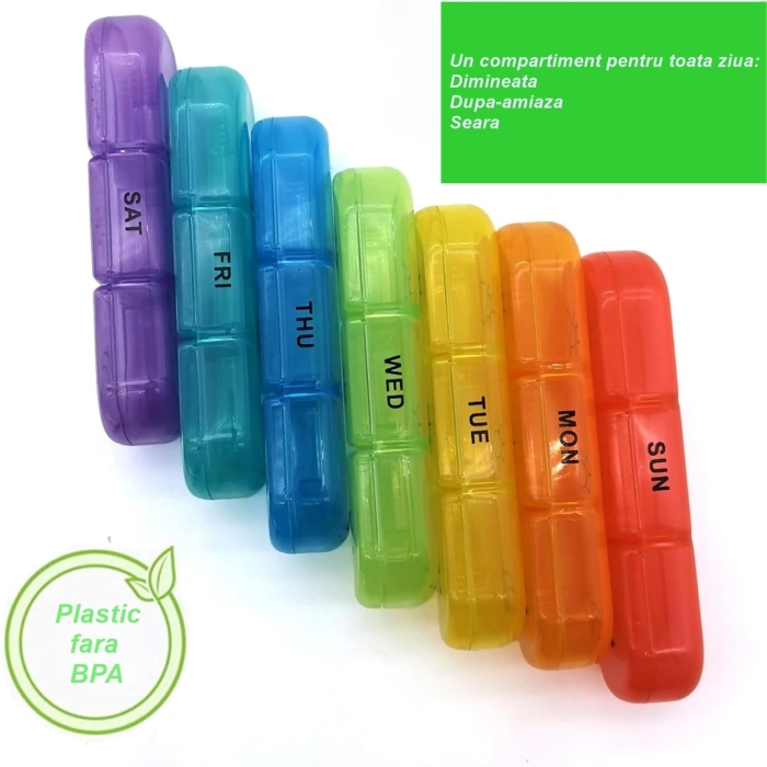 Cutie Depozitare Medicamente, , 7 Zile, 21 Compartimente, Cutie Suport, Recipiente Detasabile, Portabila, Recipiente Colorate, Cutie Neagra, 15.6x12 cm