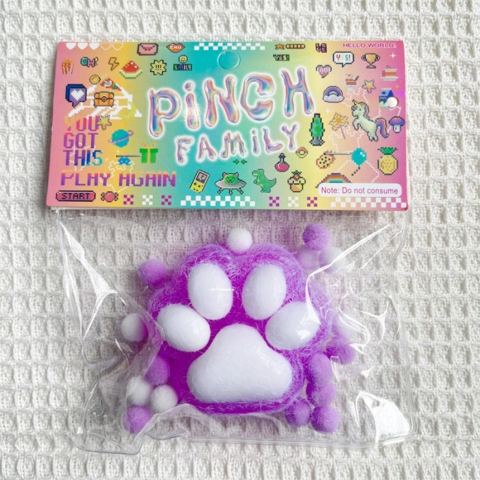 Jucarie Antistres Squishy, , cu Revenire Lenta, Squeeze Pinch Family, Model Labuta de Pisica Pufoasa, 6x6 cm, 72g, Ambalaj Transparent, Mov-Alb