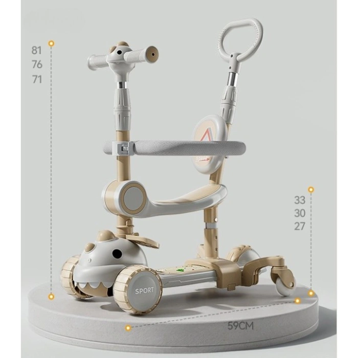 Trotineta Multifunctionala 6 in 1, , Pentru Copii De La 10 Luni Pana La 12 Ani, Cu Maner De Impingere, Reglabil 360, Pliere Usoara, Reglarea Inaltimii, Model Dinozaur, Alb/Bej