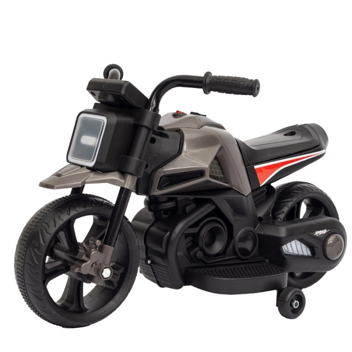 Motocicleta Electrica cu 2 Roti Mari si 2 Roti Ajutatoare, , Acumulator Incarcare, Anti-Rasturnare, Lumini, Muzica, Motor:380, Baterie 6V4.5, 41.5x70x34 cm, 4.5 Kg, 3 Ani+, Gri Negru