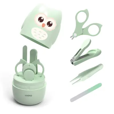 Set 4 Piese Ingrijire Unghii Bebelusi, , din ABS+Otel Inoxidabil, Cutie de Depozitare Tip Bufnita, de la 0 Luni, 11.5 x 5 x 11.5 cm, Verde