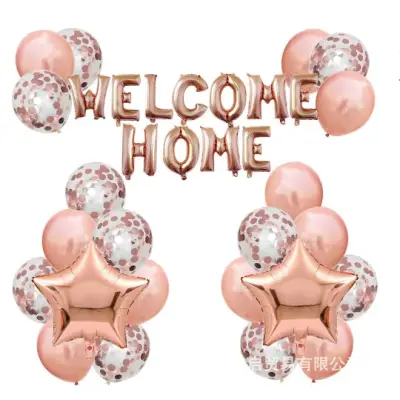 Set baloane folie si latex, , WELCOME HOME, 22 de piese, 20 baloane latex, 2 baloane stea Folie, 1 set Welcome Home, Rose gold metalic