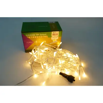 Instalatie de Craciun ® Tip Turturi, Franjuri cu Flash, Sectiune 3 m, 96 LED-uri, Interconectabila, Fir Transparent, Alb Cald