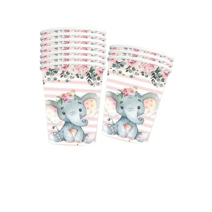 Set 10 Pahare, , Imprimeu Elefant, din Carton, 7.5 x 8.5 cm, Roz
