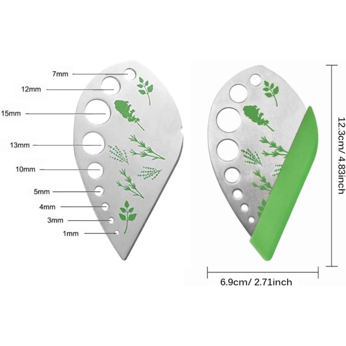 Tocator manual pentru ierburi , instrument de curatat frunze, margini ascutie, 9 gauri de diferite dimensiuni, multifunctional, material otel inoxidabil, maner ergonomic, rezistent la rugina, 12.3 x 6.9 cm, argintiu