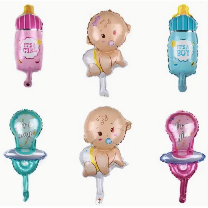 Balon din Folie Metalizata, , Mini Figurina, Model Bebelus Baietel, Tematica Gender Reveal, 45x25 cm, Ambalaj Individual, Pai Inclus, Umflare cu Aer sau Heliu, Multicolor