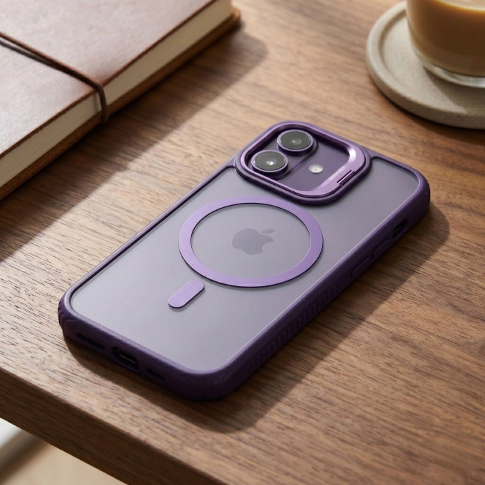 Husa de Protectie Telefon, , Compatibila cu iPhone 17, MagSafe, Acrylic, Suport Metalic Protectie Camera, Anti-Soc, Mov Inchis
