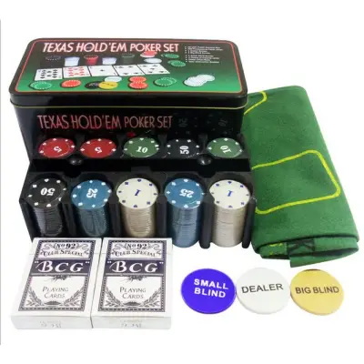 Set de Poker Complex cu 200 de jetoane , Include 2 seturi de carti, Texas Hold`em set, portabil, cutie depozitare
