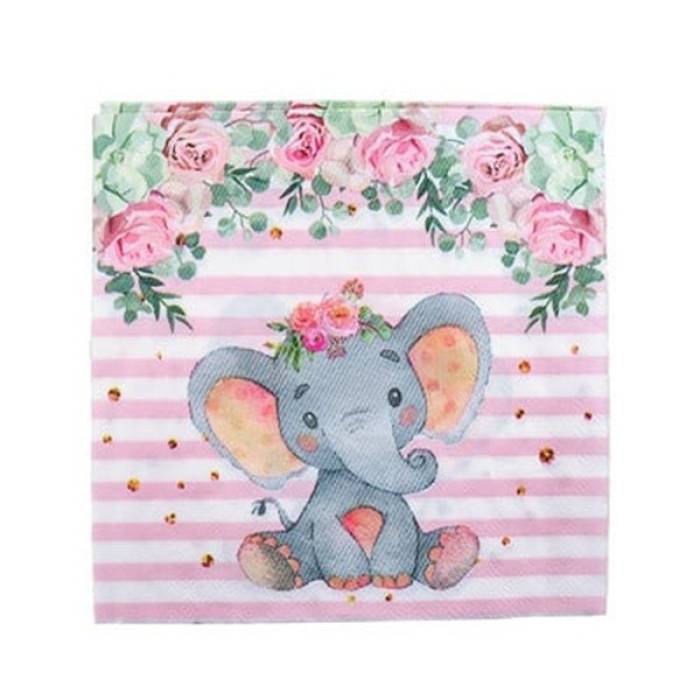 Set 20 de Servetele de Masa, , Imprimeu Elefant, din Hartie, 16.5 x 16.5 cm, Roz