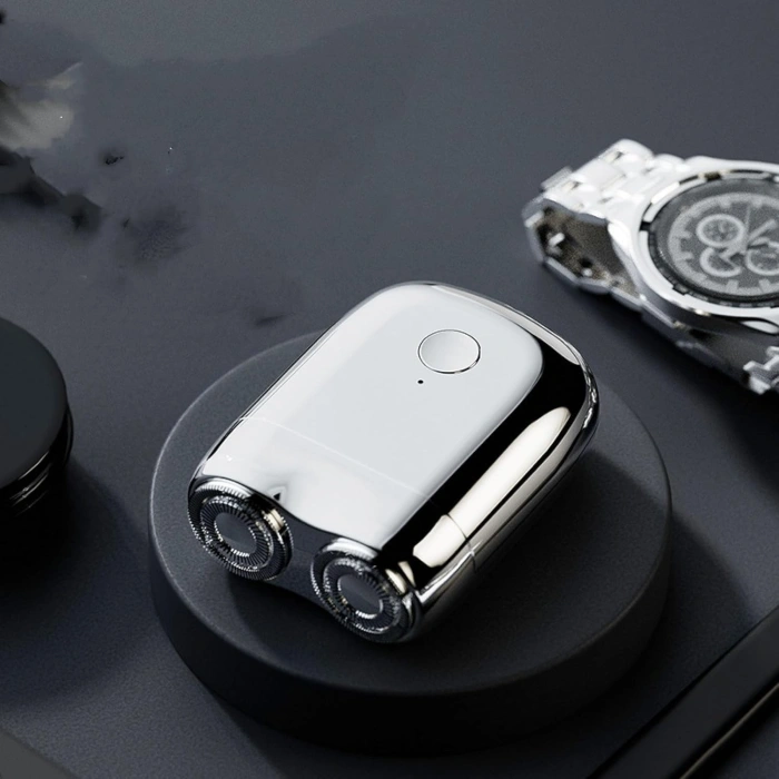 Mini Aparat de Ras Electric, , din ABS cu Fibra de Carbon, Portabil, Cap Rotativ Detasabil cu 2 Lame de Otel, Rezistent la Apa, Incarcare Type-C, Autonomie 45 min, Argintiu