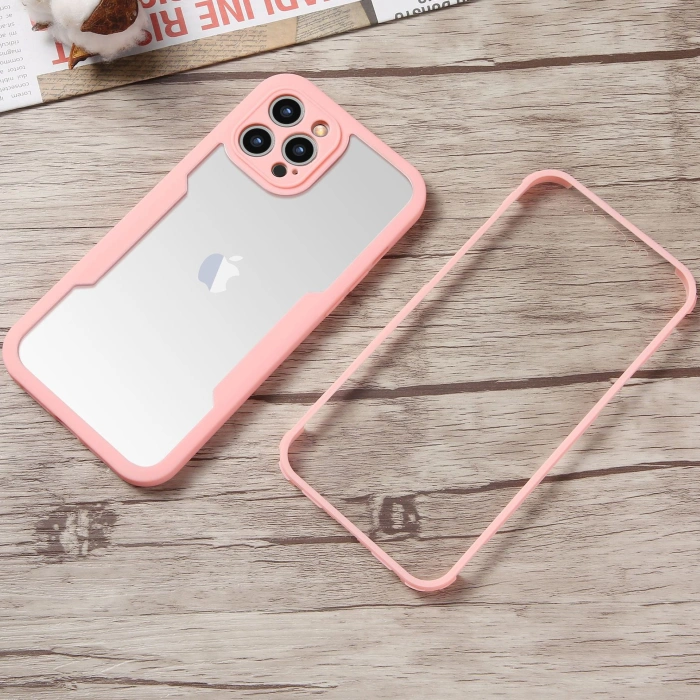 Husa Max Defence pentru iPhone 13 Pro Max, Bumper Roz, Fata Dubla Transparenta, Protectie Antisoc Full 360 ( fata, spate, margini ), 