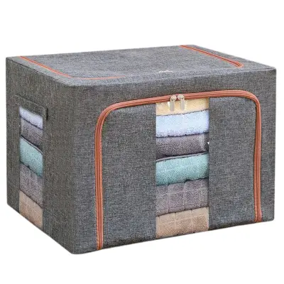 Cutie de depozitare pliabila, , Cu fermoar, 100 L, Textil, 60x42x40 cm, Cadru Metalic, Suport Baza Stabil din Plastic, Gri