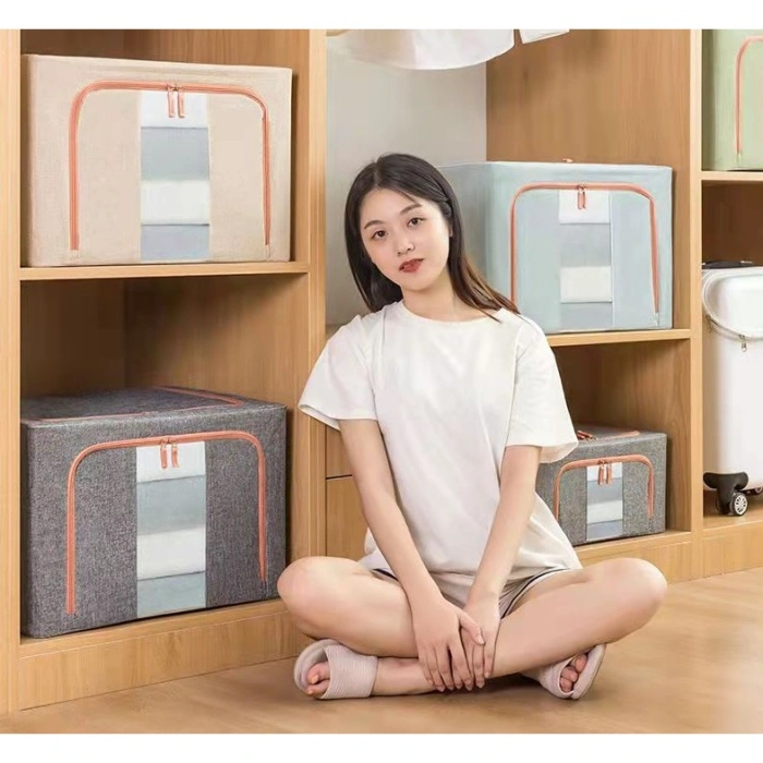Cutie de Depozitare Pliabila, , 24 L, din Bumbac si In, 40x30x20 cm, Fereastra Frontala, 2 Usi de Acces cu Fermoar Bidirectional, Cadru Metalic, Suport Baza Stabil din Plastic, Gri
