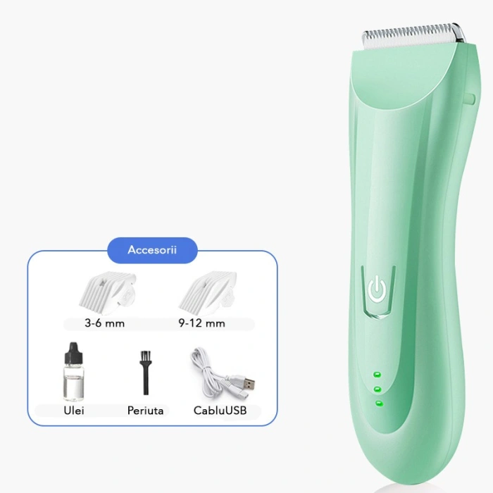 Masina De Tuns Bebelusi si Copii, , Lame Cermice si Inox, Fara Fir, Functie Anti Taiere, Silentios, 50 W, Rezistent la Apa, 2 Accesorii, Incarcator USB, Verde deschis