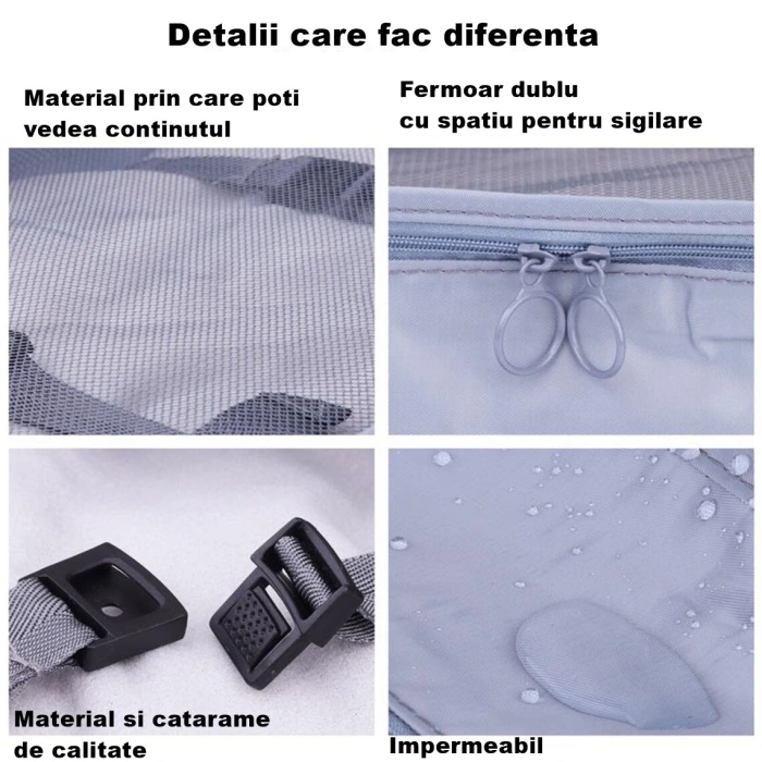 Set 8 huse organizare bagaj , material poliester, impermeabil, cu fermoar, pentru calatorii sau dulap, sac pentru pantofi inclus, pliabil, gri