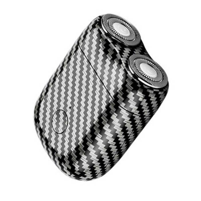 Mini Aparat de Ras Electric, , din ABS cu Fibra de Carbon, Portabil, Cap Rotativ Detasabil cu 2 Lame de Otel, Rezistent la Apa, Incarcare Type-C, Autonomie 45 min, Alb/Negru