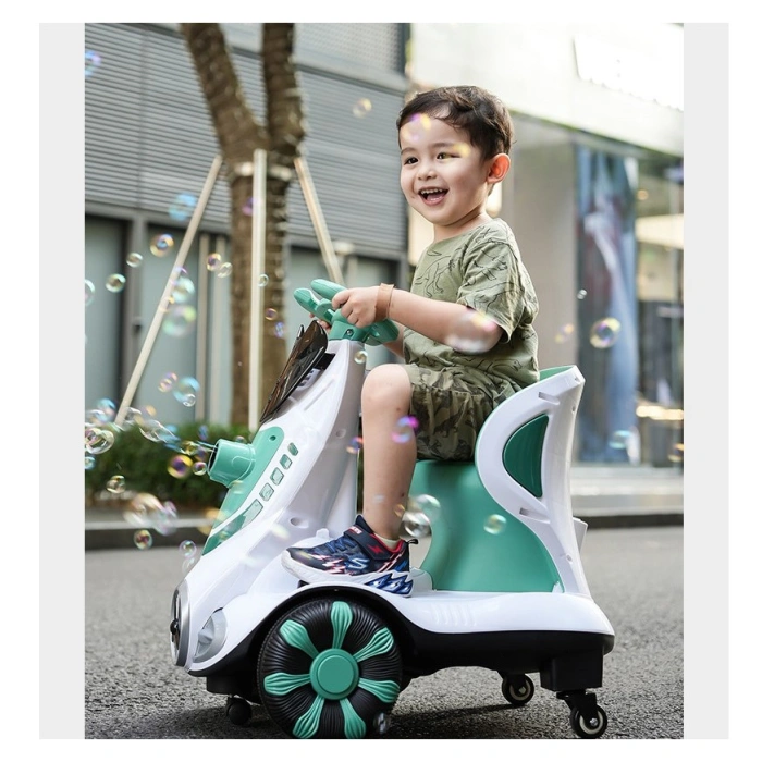 Masinuta electrica cu telecomanda pentru copii, , roti spate rotire 360, curea siguranta, baloane de sapun, lumini si sunete, self control si prin telecomanda, cu pedale de acceleratie si frana, verde