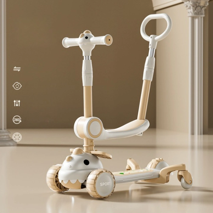 Trotineta Multifunctionala 6 in 1, , Pentru Copii De La 10 Luni Pana La 12 Ani, Cu Maner De Impingere, Reglabil 360, Pliere Usoara, Reglarea Inaltimii, Model Dinozaur, Alb/Bej