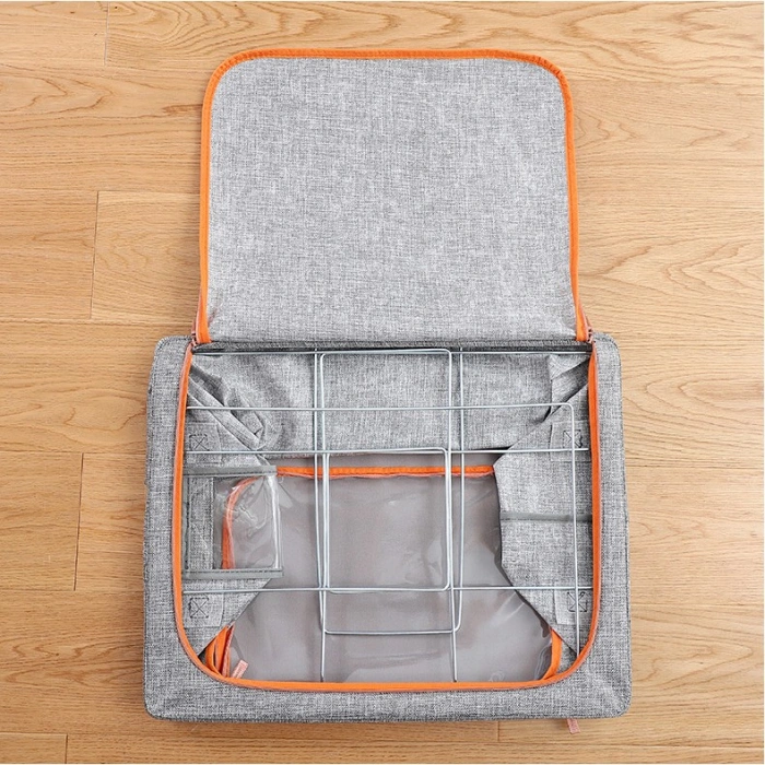 Cutie de Depozitare Pliabila, , 66 L, din Bumbac si In, 50x40x33 cm, Fereastra Frontala, 2 Usi de Acces cu Fermoar Bidirectional, Cadru Metalic, Suport Baza Stabil din Plastic, Gri